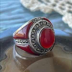 Vintage Stamped Sterling Silver Carnelian Marcasite Ring